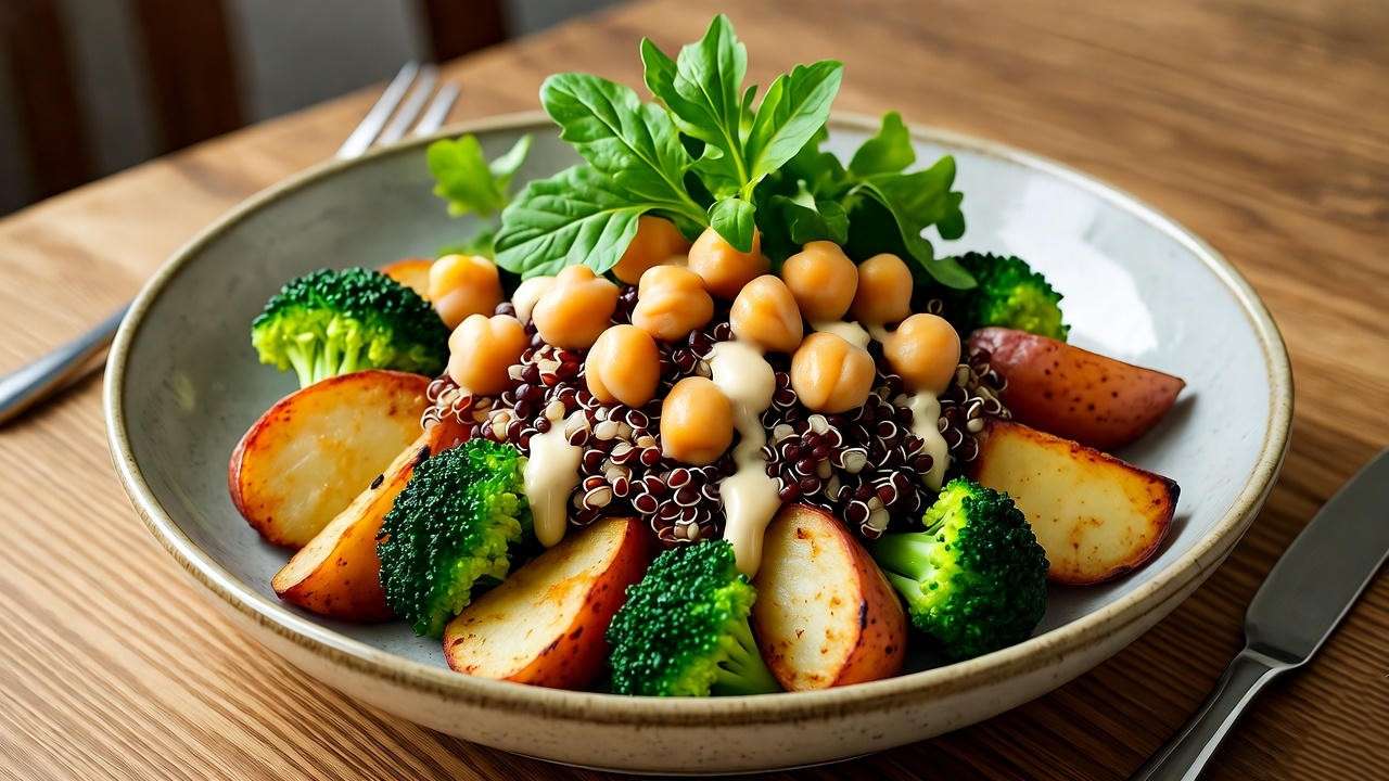 Plated roasted potatoes and broccoli bowl with plant-based pairings for healthy dinner
