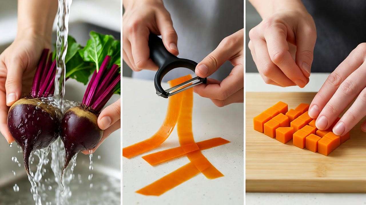 Step-by-step prep of root veggies like beets and carrots for borscht recipe