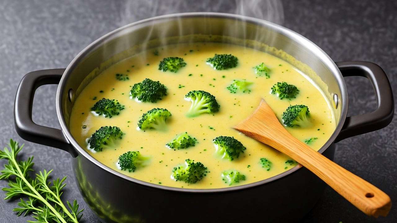Simmering pot of dairy-free vegan broccoli cheddar soup with broccoli florets and creamy texture.