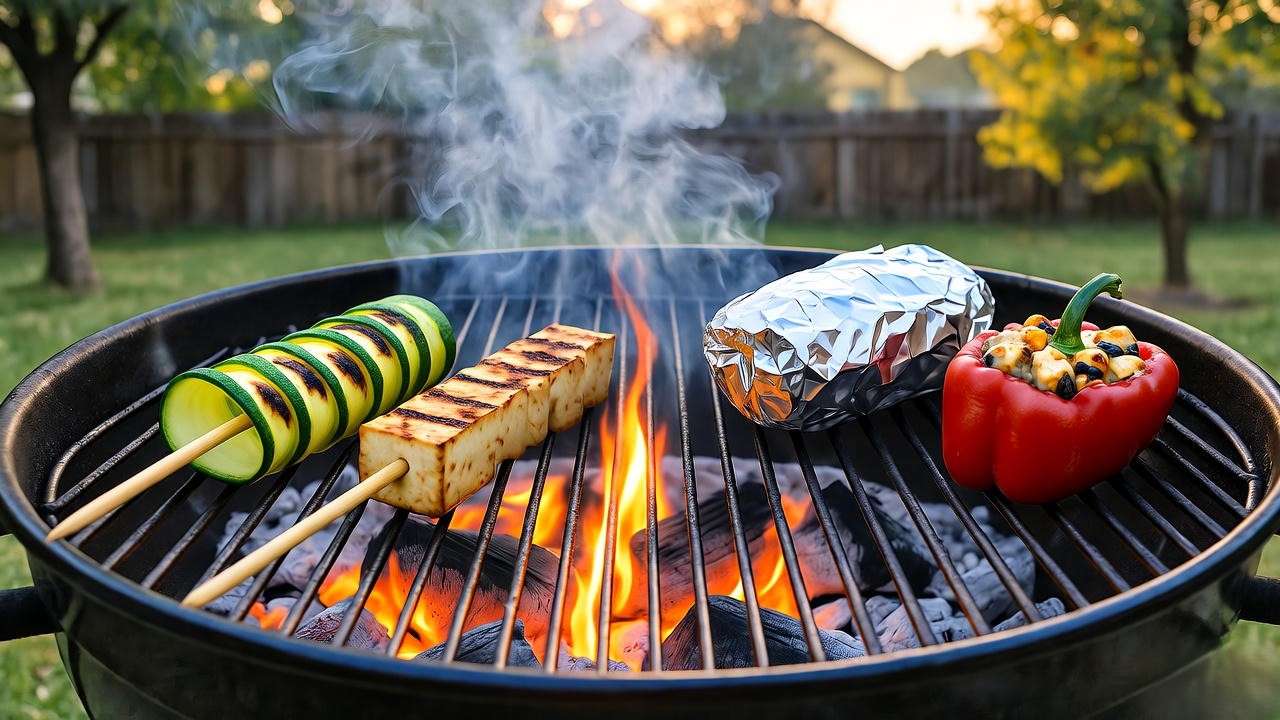Backyard BBQ pit with glowing charcoal, grilling zucchini ribbons and tofu skewers on high heat, and foil-wrapped peppers on low heat, with a smoky backyard ambiance.