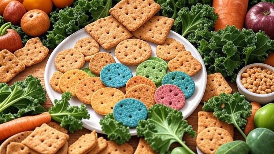 Nutritional infographic with veggie crackers and icons for fiber, fats, and vitamins.