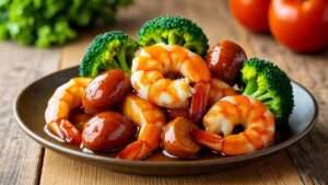 honey garlic shrimp sausage and broccoli