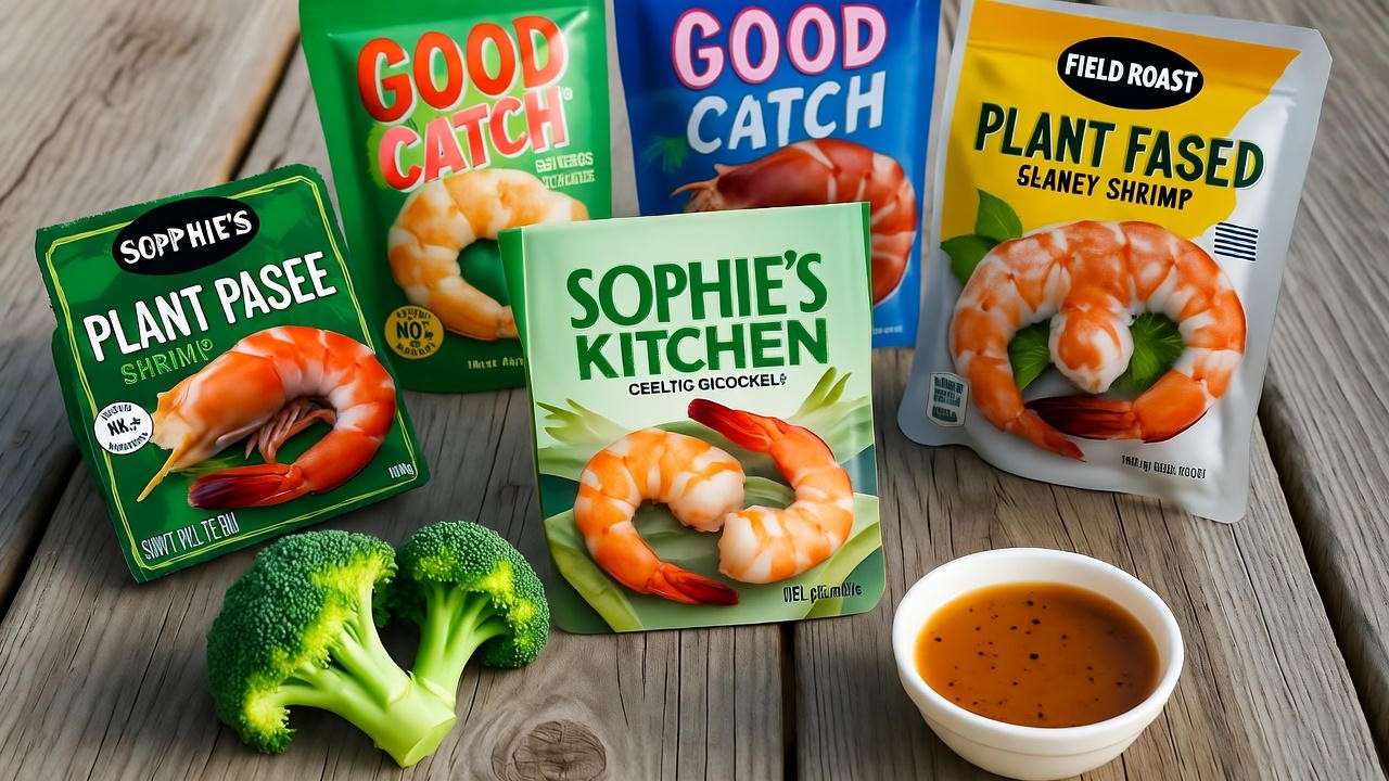 "Plant-based shrimp and sausage brands with broccoli and honey garlic sauce on a wooden table"