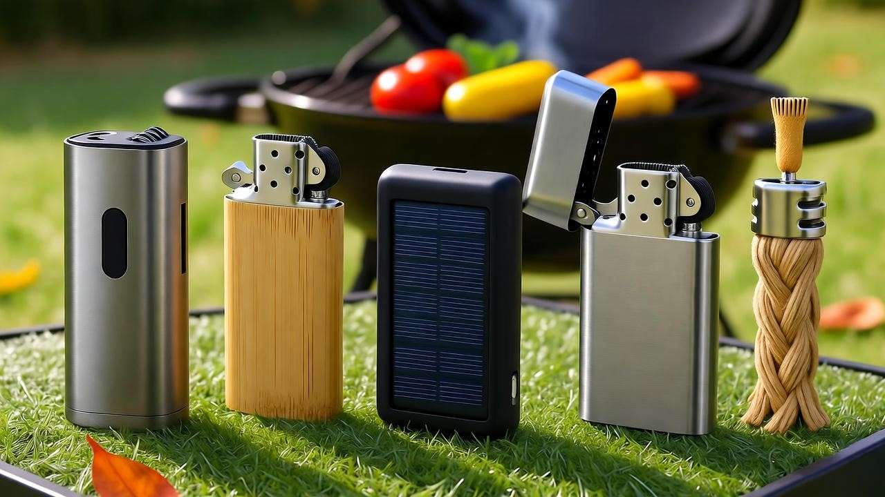 Lineup of top 5 eco-friendly lighters for BBQ grill for sustainable grilling.
