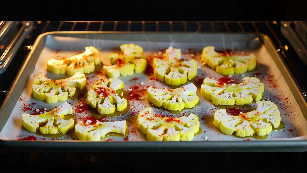 Homemade cauliflower slices seasoned and ready for baking into chips