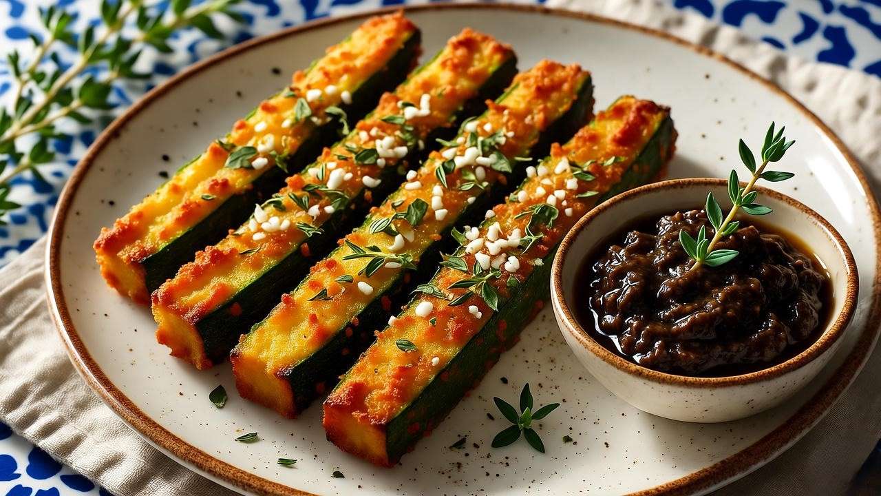 Golden air-fried Mediterranean zucchini sticks on a plate, sprinkled with oregano, next to a bowl of olive tapenade, set on a blue and white Mediterranean-inspired table.