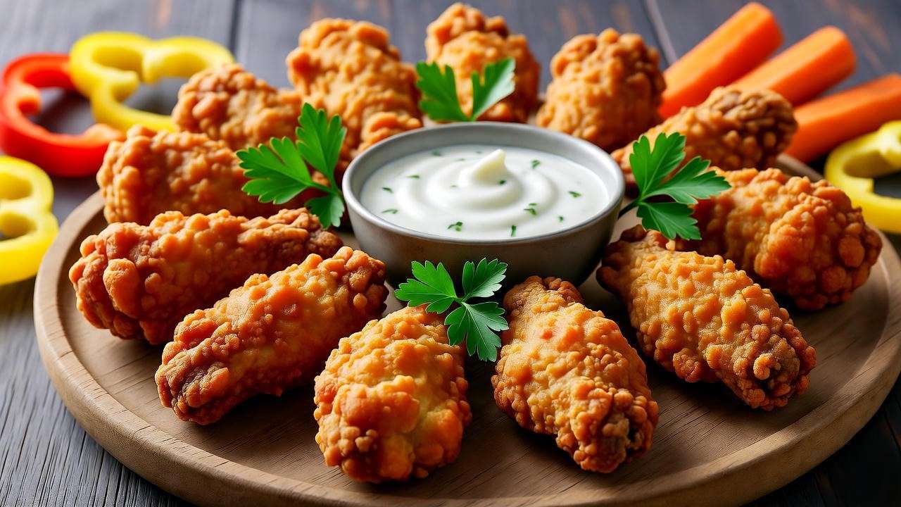 Crispy buffalo cauliflower wings with vegan ranch dip and colorful veggies on a wooden platter.
