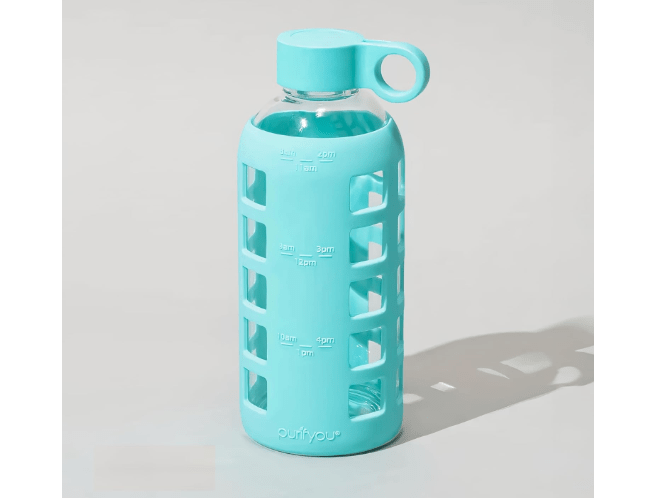 purifyou 40oz / 32oz / 22oz / 12oz Borosilicate Glass Water Bottle with Time & Volume Markers, Silicone Sleeve, Stainless Steel Lid | Reusable Glass...