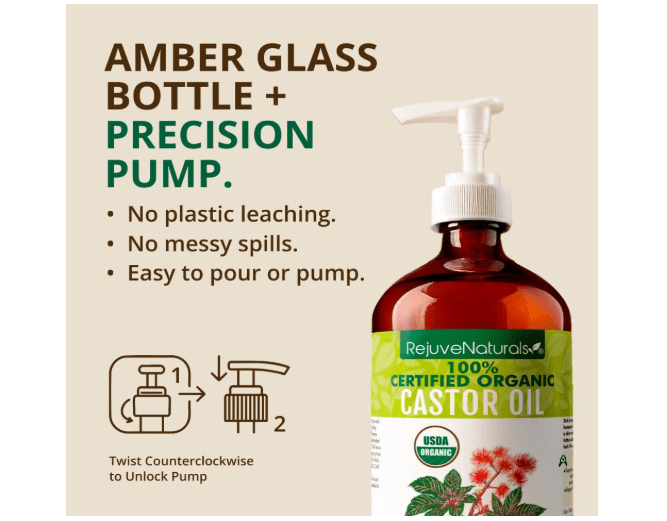 RejuveNaturals Castor Oil (16oz Glass Bottle) USDA Certified Organic, 100% Pure, Cold Pressed, Hexane Free. Boost Hair Growth for Thicker, Fuller Hair,...