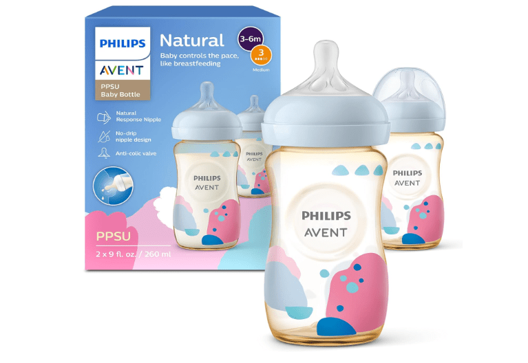  Philips Avent PPSU Natural Baby Bottles with Medium Flow Nipples (Flow 3), 9oz, with Decoration, 2-Pack, SCY943/02