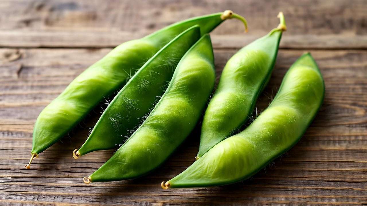 "Close-up of fresh green edamame pods on a wooden table, showcasing natural texture and beans"