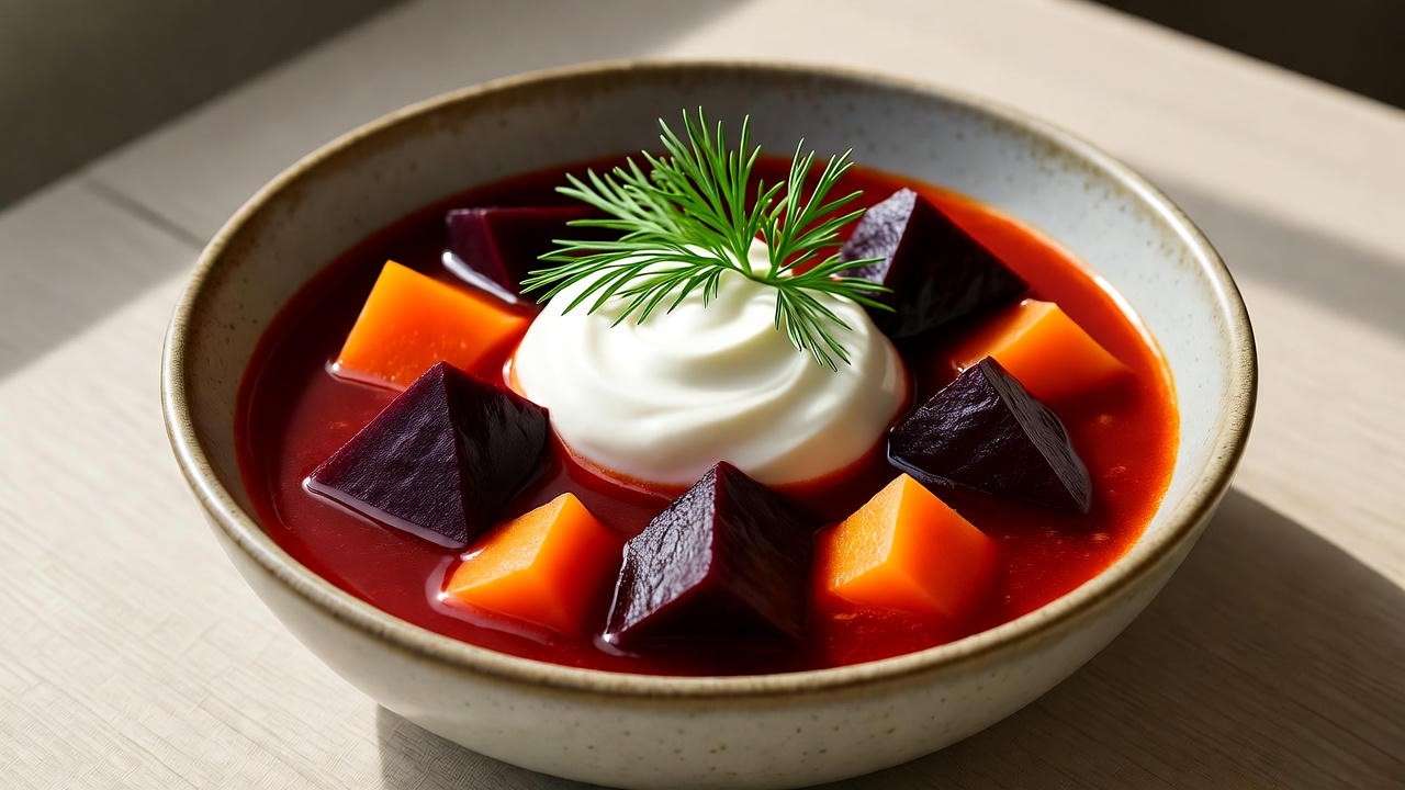 Freshly made borscht with root veggies and vegan sour cream garnish