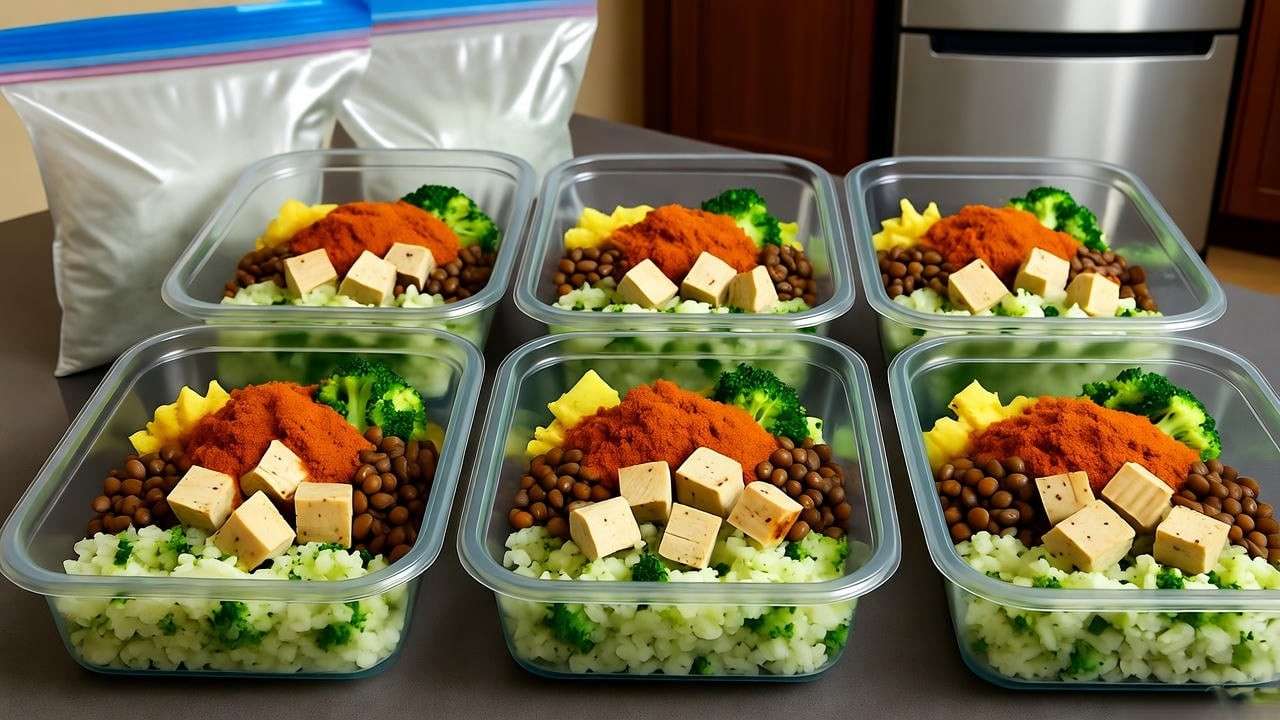 Meal prep containers with riced broccoli and plant-based proteins for weekly planning