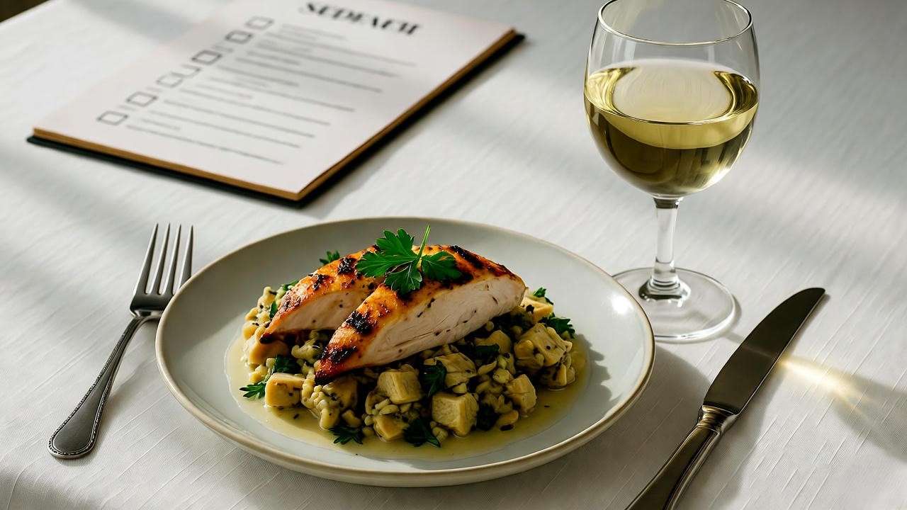 Elegant Seder table with plant-based chicken and wine pairing checklist