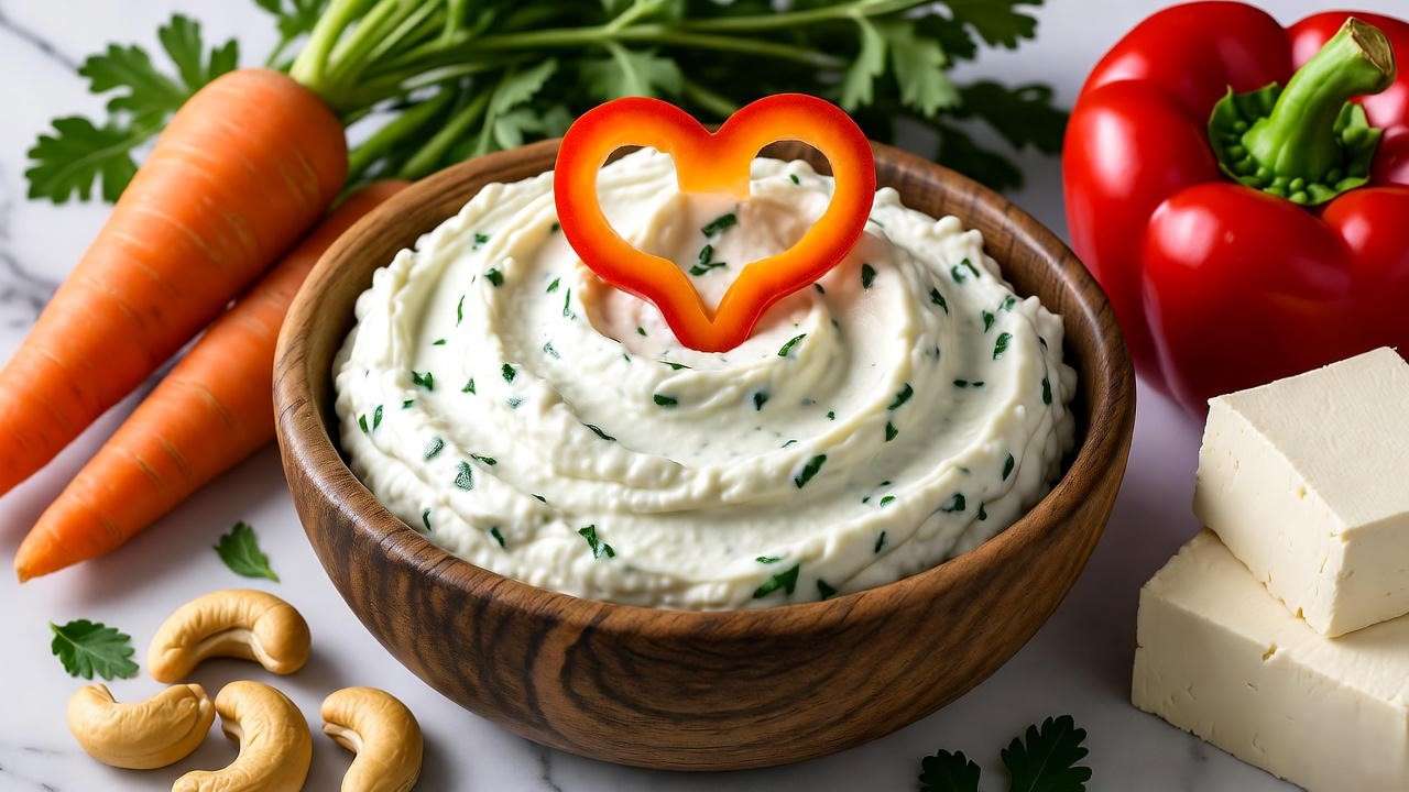 Close-up of garden veggie cream cheese with fresh carrots, bell peppers, cashews, and tofu, heart-shaped garnish on marble countertop