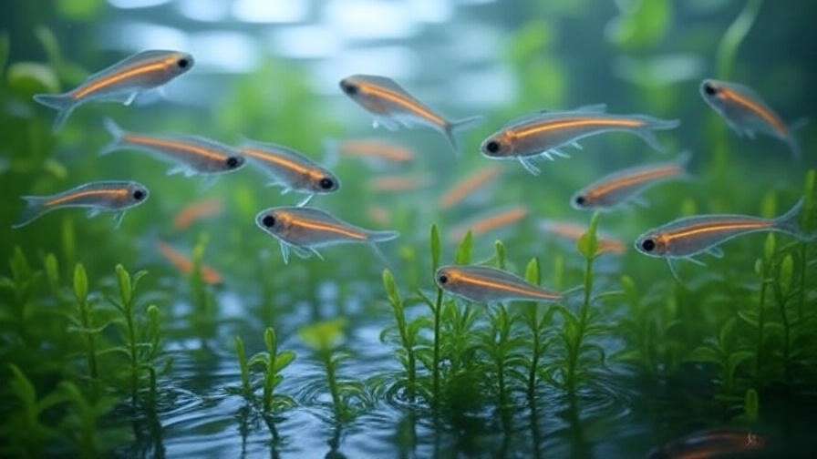 Glowlight Tetras under water sprite plants in a serene aquarium.