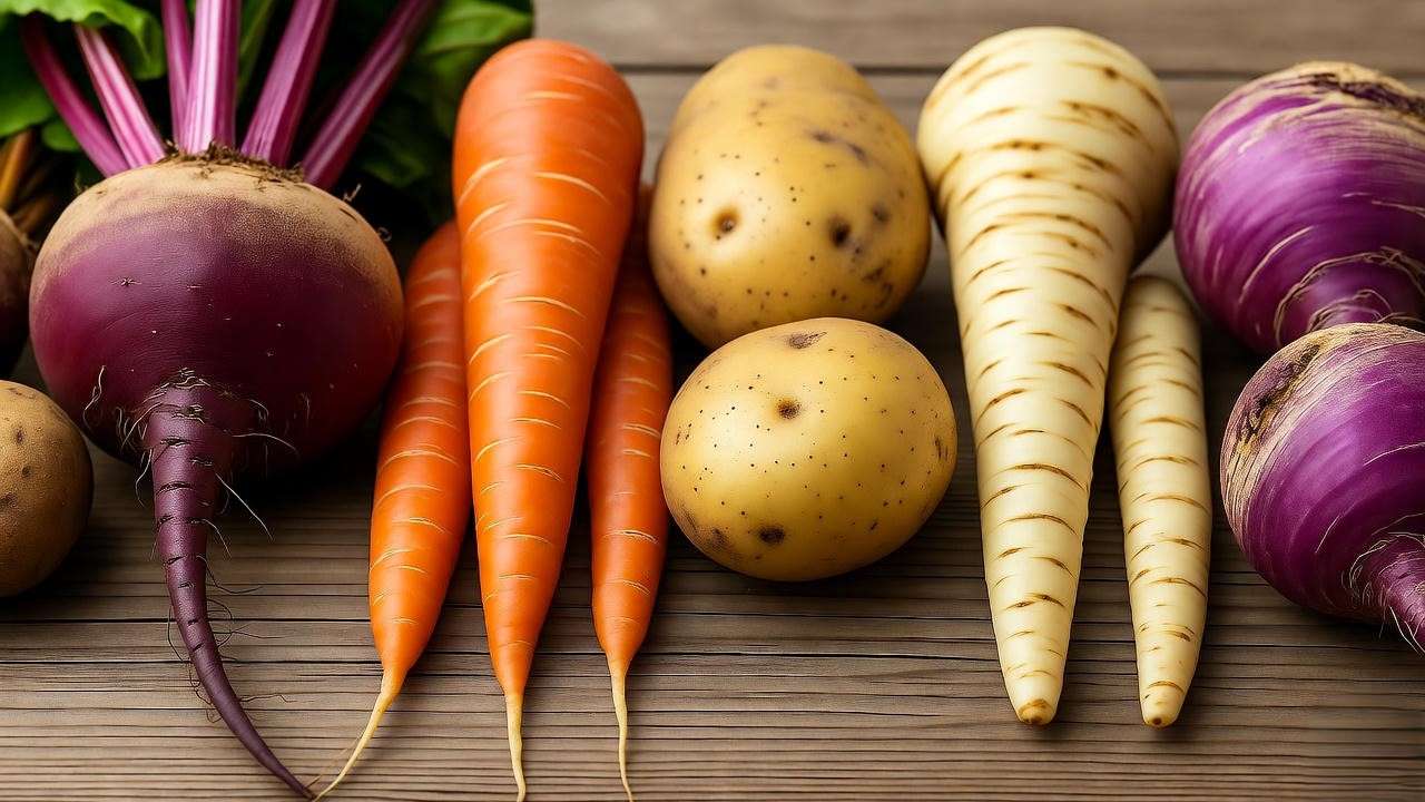 Fresh root vegetables like beets, carrots, potatoes, parsnips, and turnips for making borscht