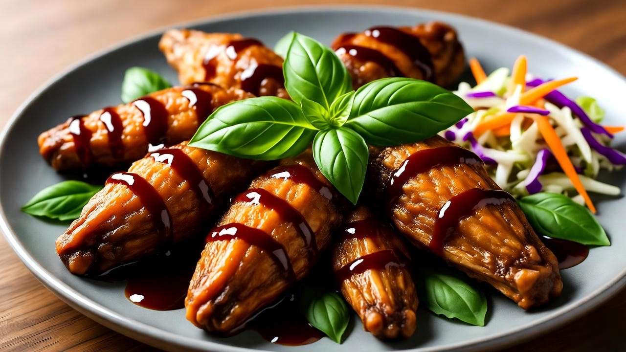 BQ jackfruit wings with sauce and coleslaw on a gray plate with basil leaves.