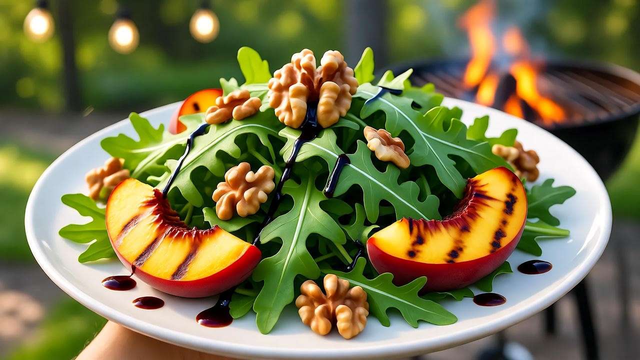 Fresh grilled peach and arugula salad with caramelized peach halves, walnuts, and balsamic glaze on a plate, with a backyard BBQ pit in the background.