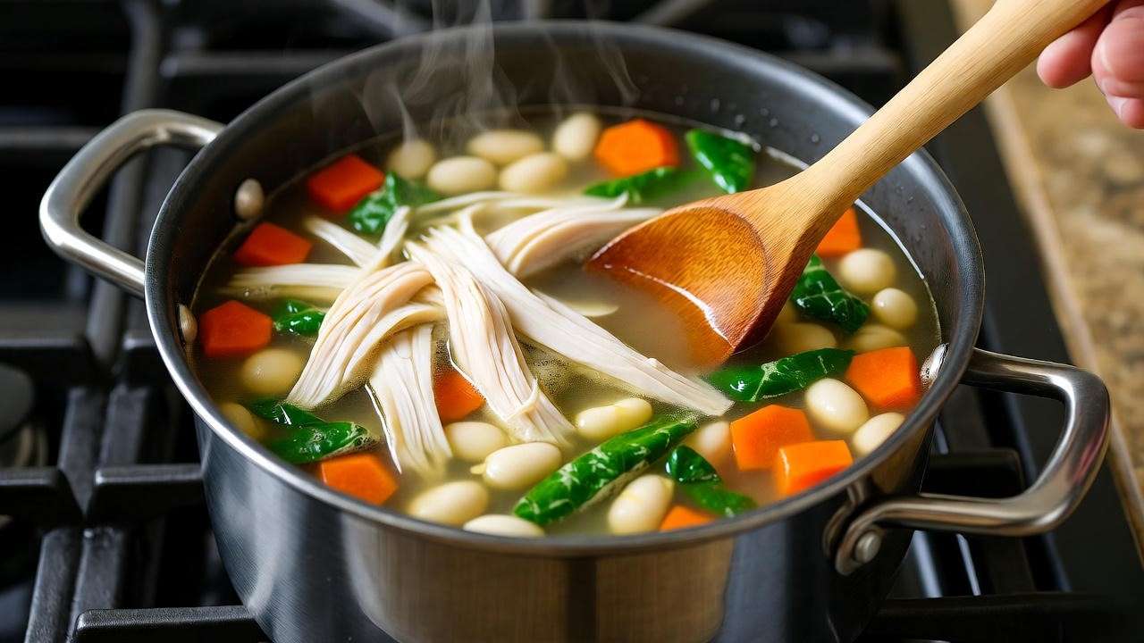 Simmering pot of white bean chicken soup with ingredients being stirred, ideal for easy cooking instructions on a plant diet.