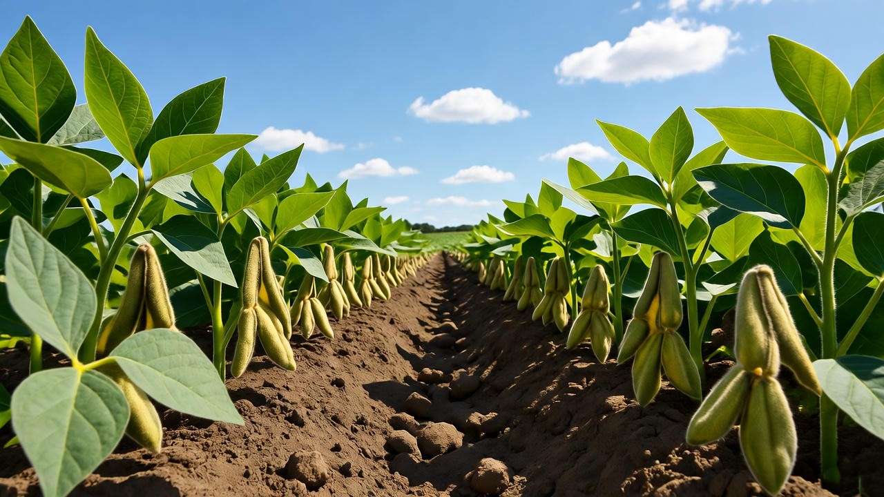 "Sustainable farm with rows of soybean plants for eco-friendly edamame cultivation"