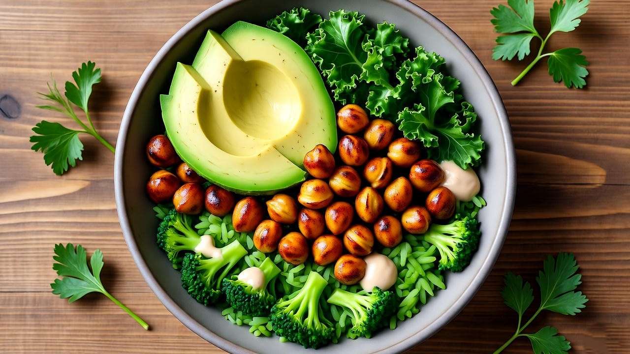 Healthy riced broccoli Buddha bowl with tahini dressing for plant-based diets
