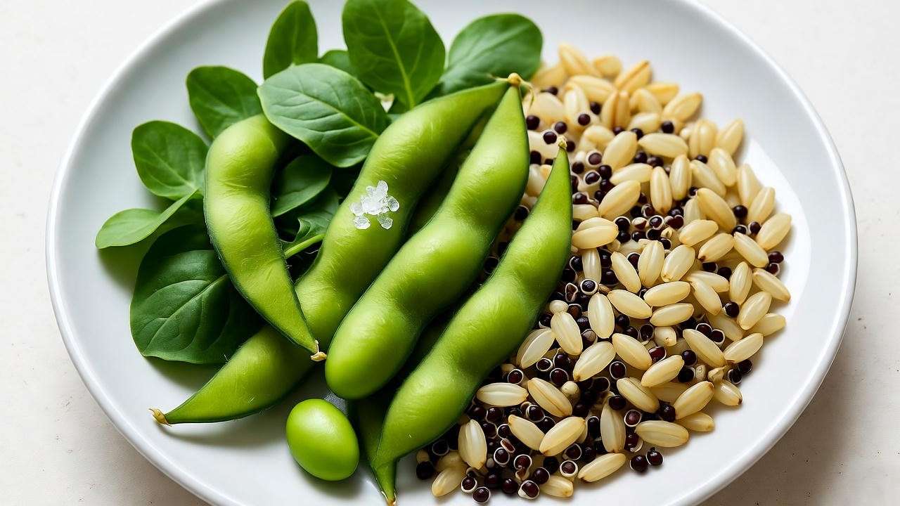 "Vibrant plate of fresh edamame with greens and grains for a heart-healthy plant-based diet"