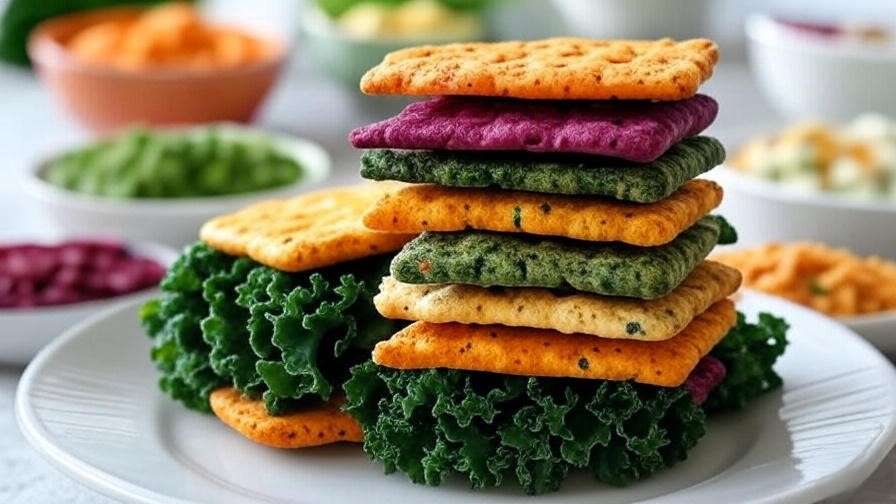 Stack of seven colorful veggie crackers with hummus dips in the background