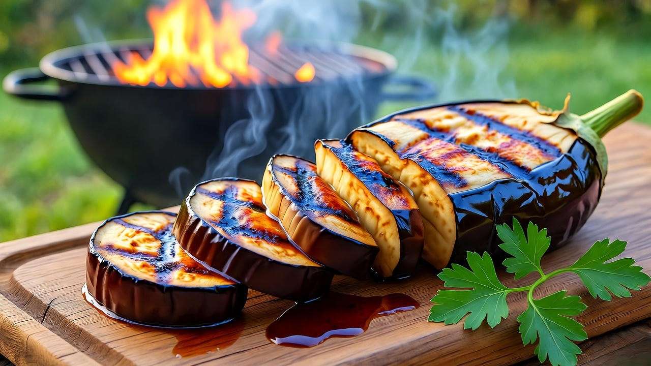 Close-up of smoky grilled eggplant steaks with char marks on a wooden board, fresh parsley garnish, and a glowing BBQ pit in the background.