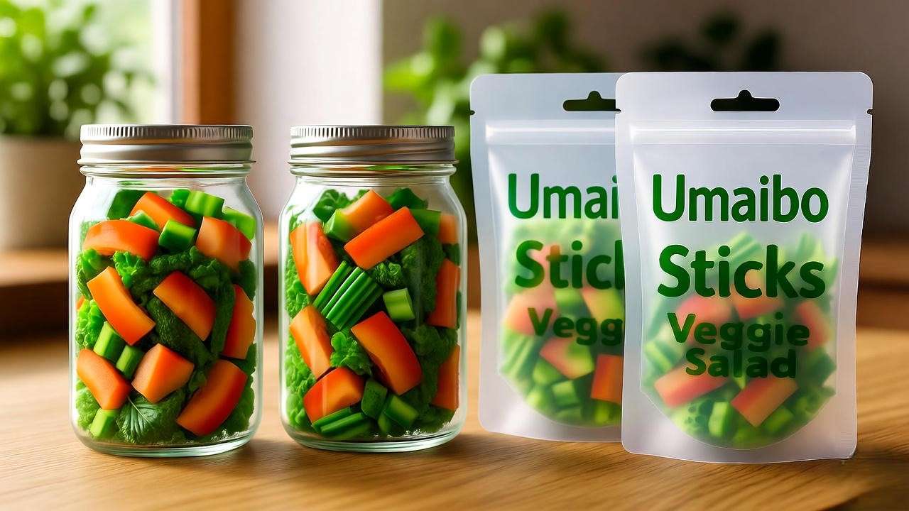 Umaibo Sticks Veggie Salad stored in glass jars and silicone pouches on a wooden countertop with plants
