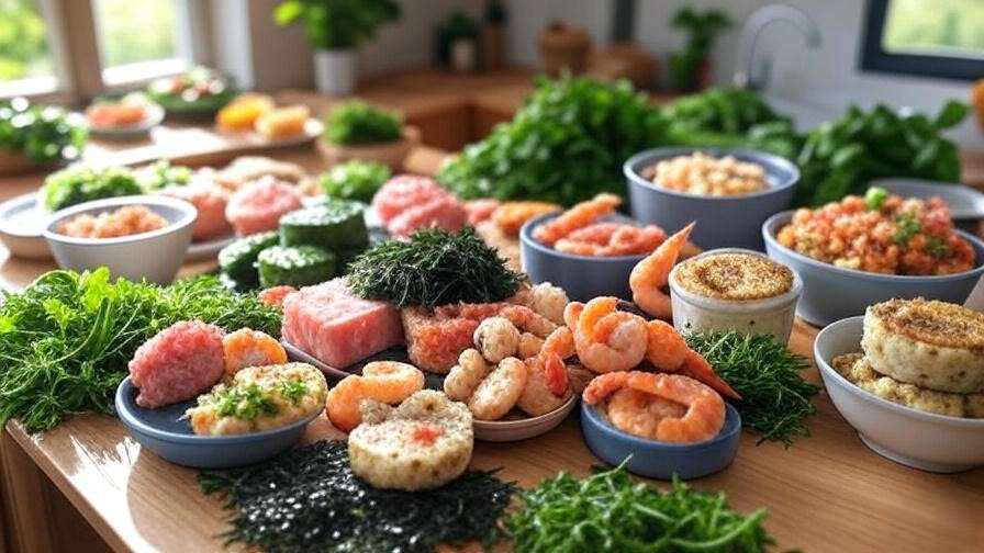Vibrant plant-based seafood alternatives like tuna and shrimp with herbs on a wooden table