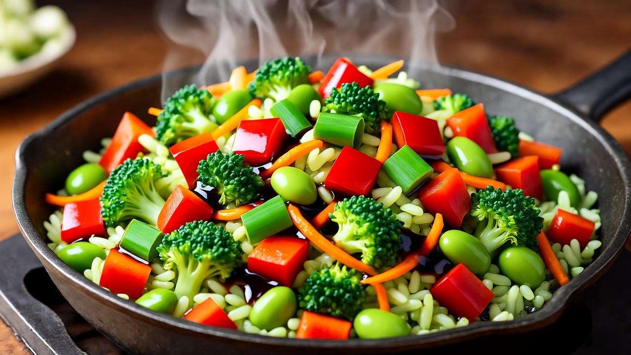 Vibrant riced broccoli stir-fry with vegetables and tamari for vegan meals