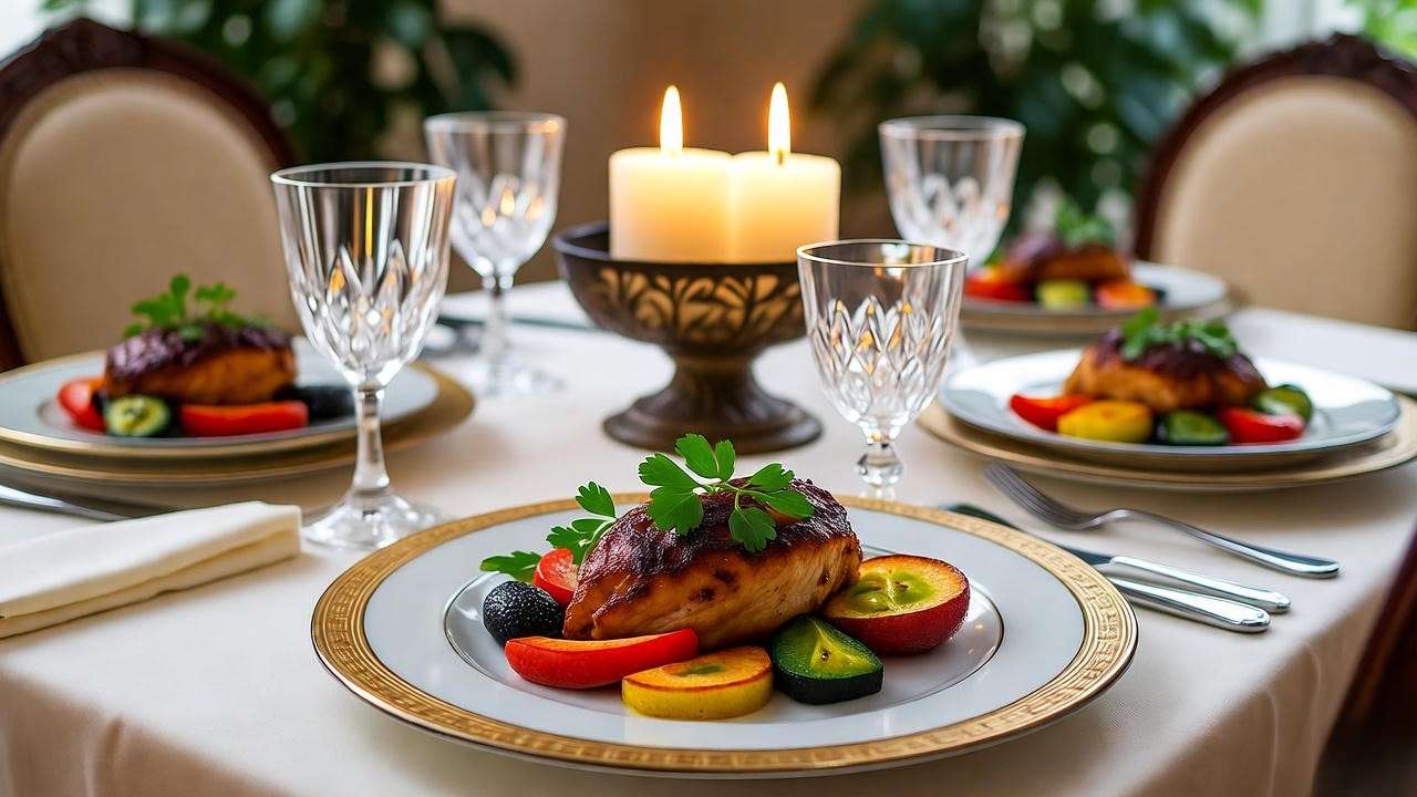 Festive Passover Seder table with roasted plant-based chicken and herbs.