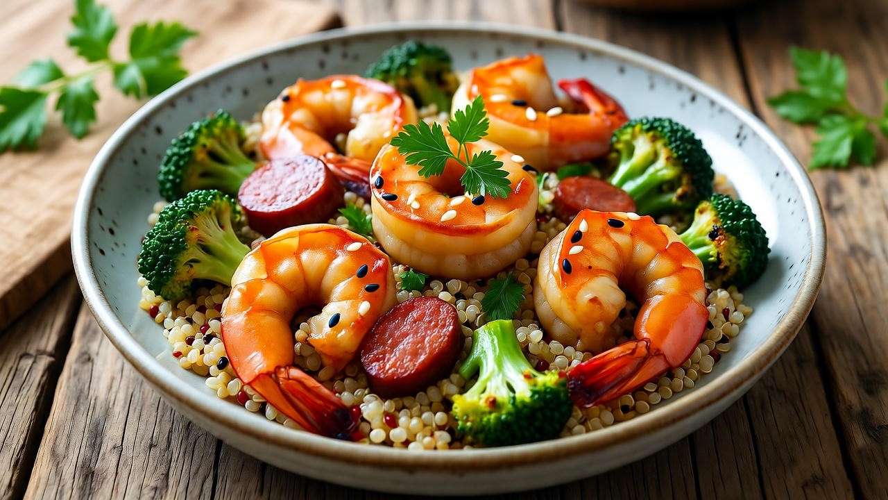  "Plate of honey garlic shrimp, sausage, and broccoli over quinoa with sesame seeds" 