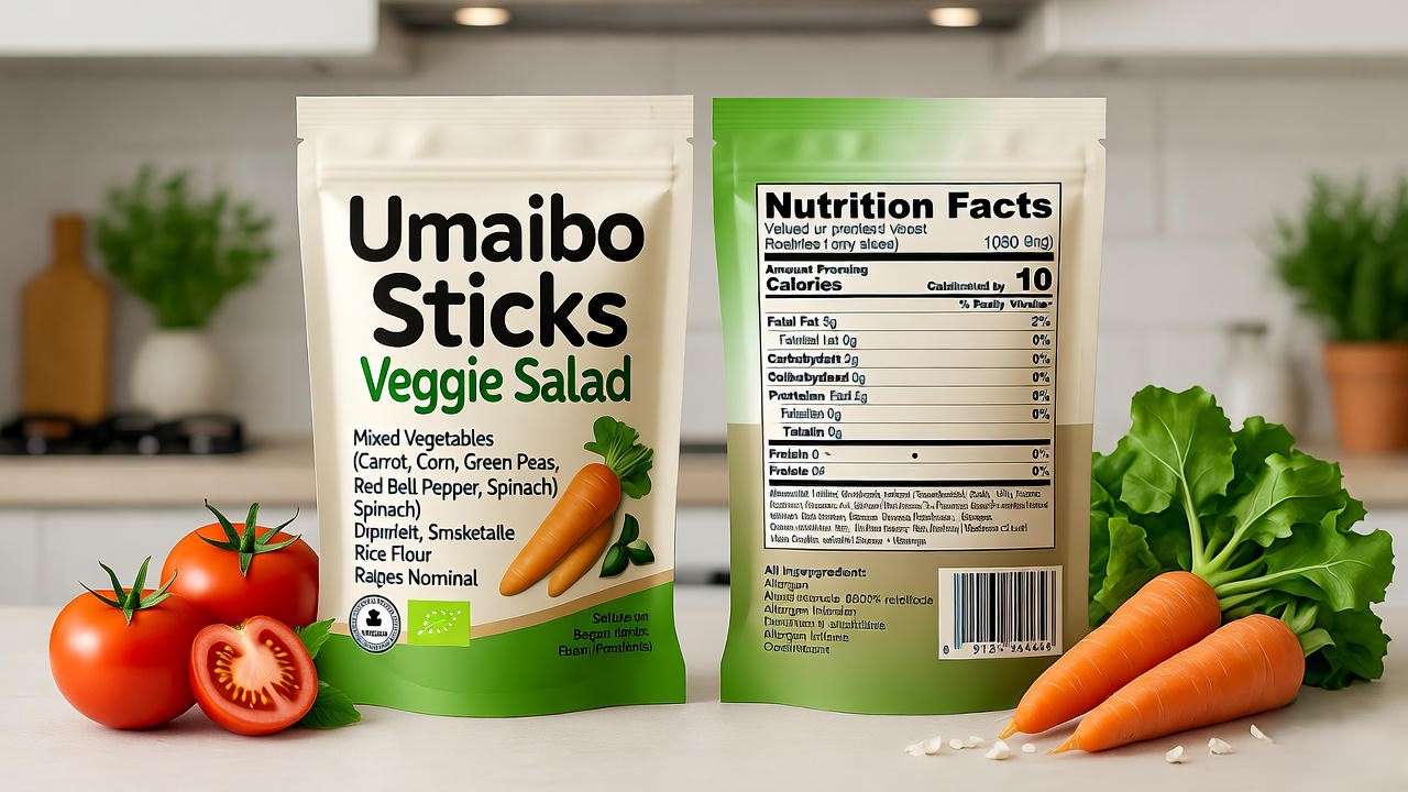 Umaibo Sticks Veggie Salad packaging with vegan certifications and healthy plant-based foods in the background.