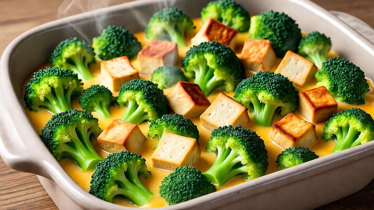 Vegan broccoli cheddar chicken casserole fresh from the oven with tofu and creamy sauce.