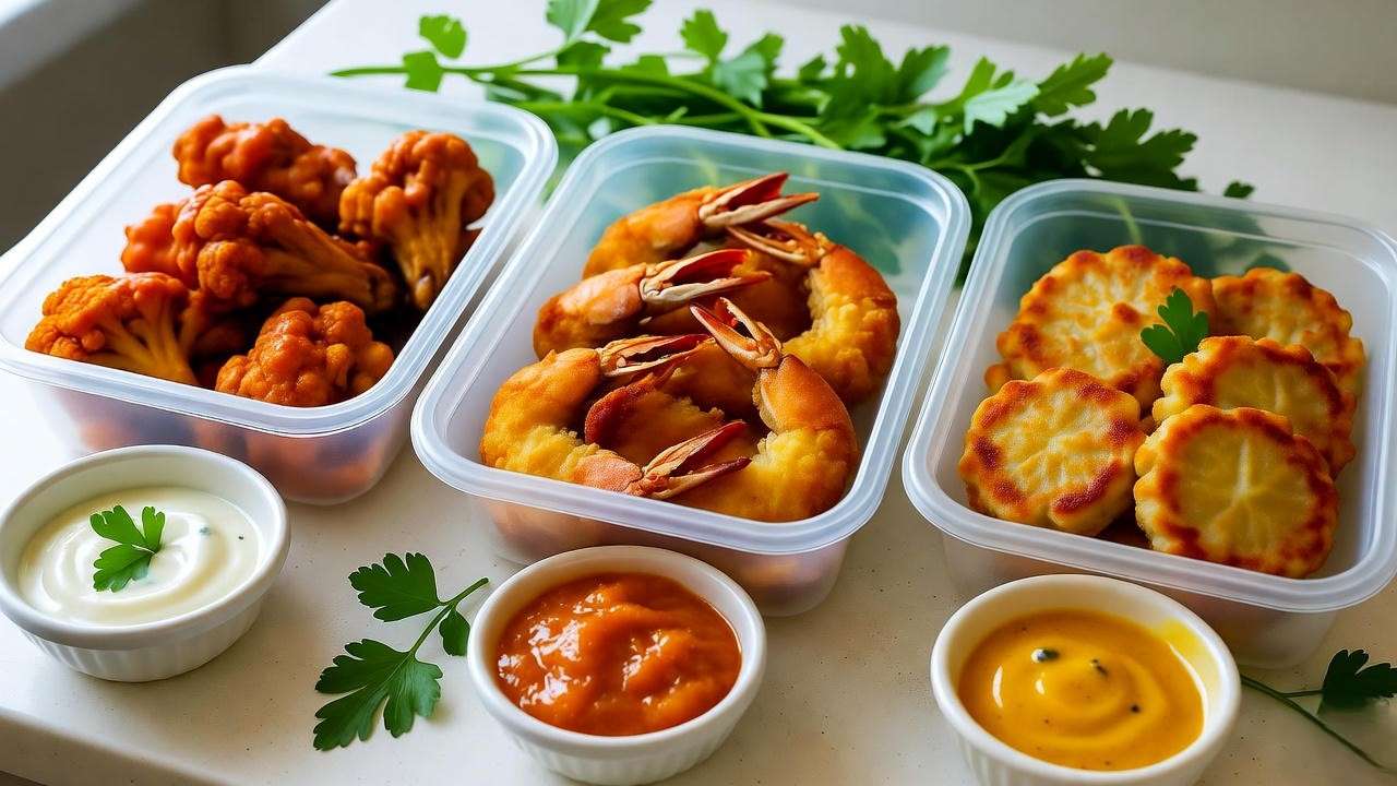 Meal prep containers with buffalo wings, tofu shrimp, and crab cakes with herbs and dips.