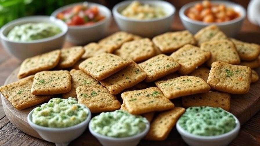 Veggie crackers with spices, herbs, and plant-based dips for customization.