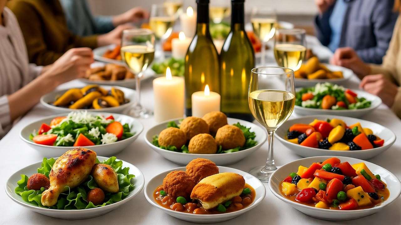 Joyful Passover Seder table with plant-based chicken and white wine pairings.