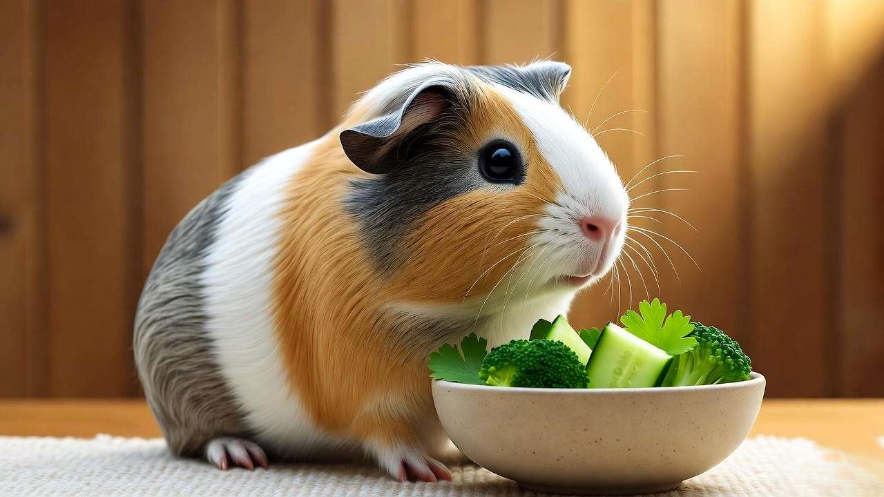  "Guinea pig with a bowl of chopped broccoli and safe veggies in a cozy setting". 