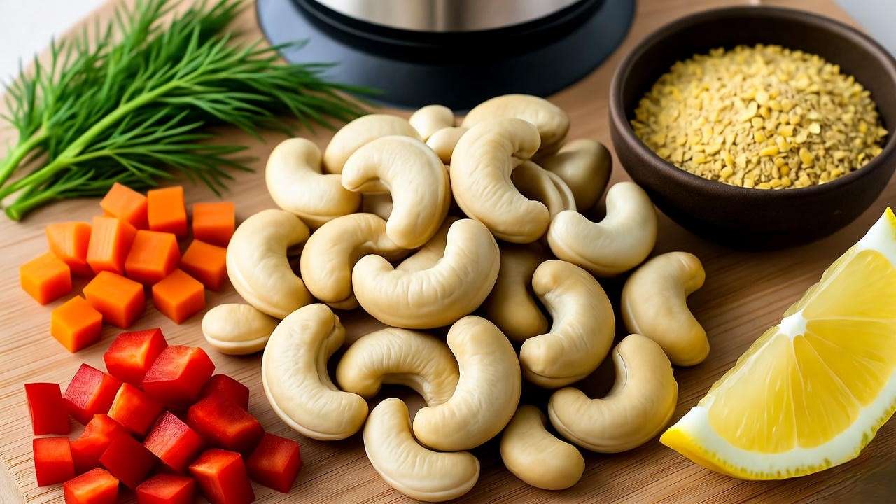 Flat lay of garden veggie cream cheese ingredients like cashews, carrots, bell peppers, dill, and lemon on a wooden board with blender