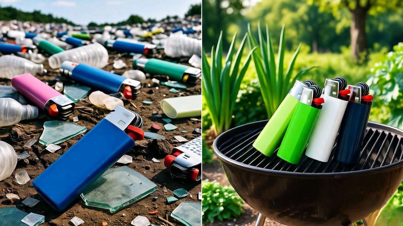Environmental contrast between traditional and eco-friendly lighters for BBQ grill in plant-based grilling