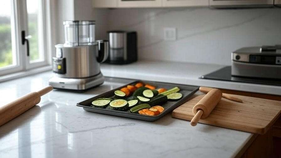 Kitchen setup with food processor, baking sheet, and fresh veggies like zucchini and sweet potatoes for veggie crackers.