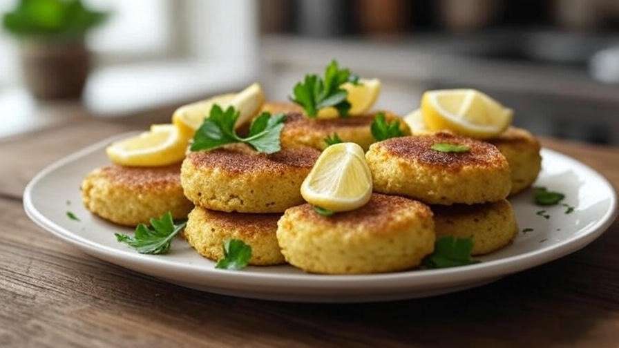 Homemade jackfruit crab cakes with lemon and parsley on a wooden table