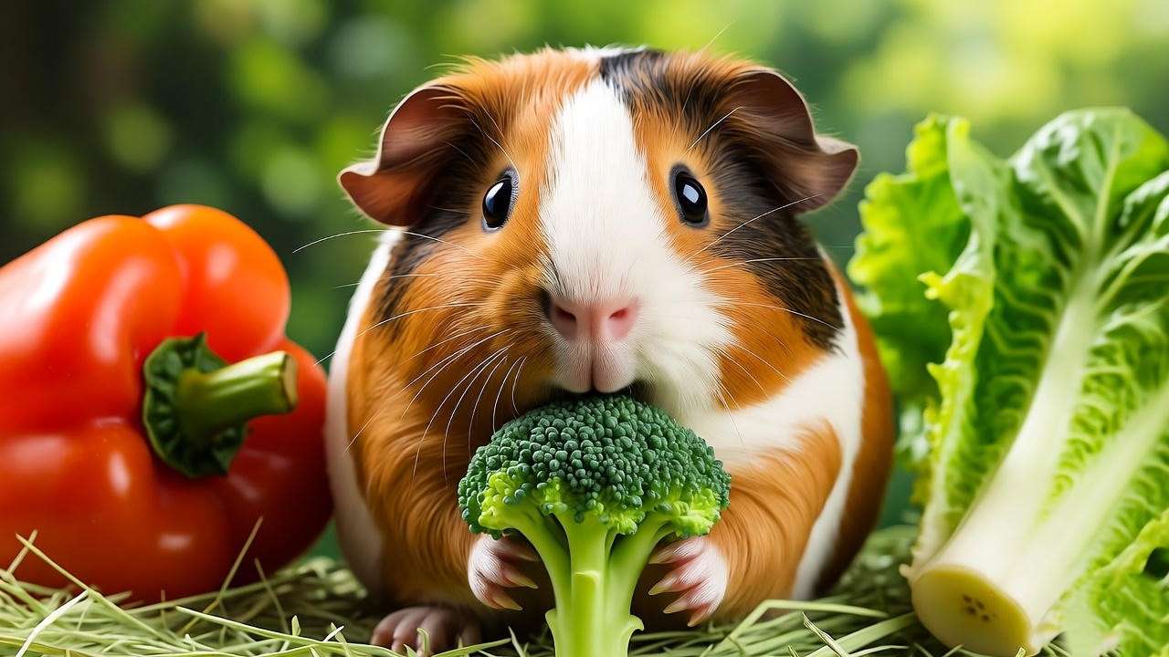 "Guinea pig eating broccoli with hay and vegetables for a balanced diet".