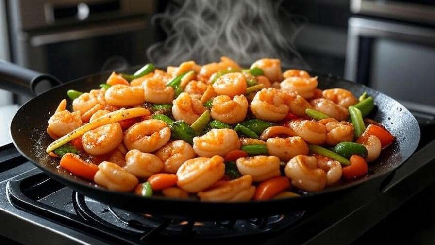 Vegan shrimp stir-fry cooking in a wok with mixed vegetables