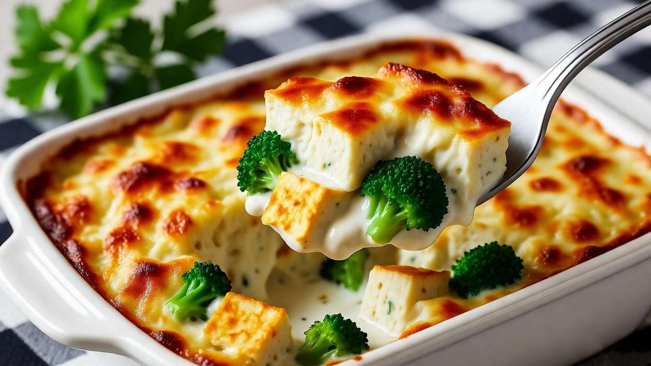 Crispy vegan broccoli cheddar chicken casserole with tofu and golden topping.