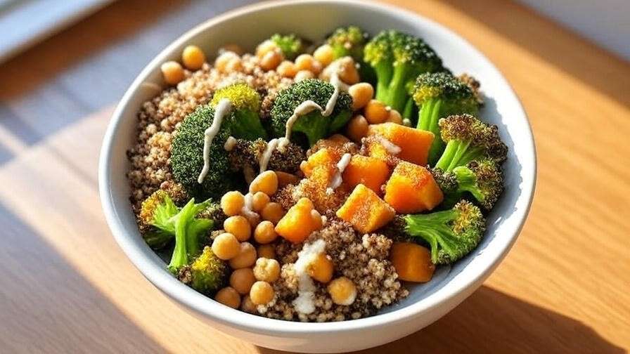 Roasted broccoli crowns Buddha bowl vegan recipe 
