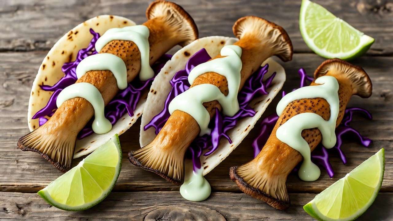 Vegan fish tacos with king oyster mushrooms, purple cabbage, and lime crema on a rustic table.