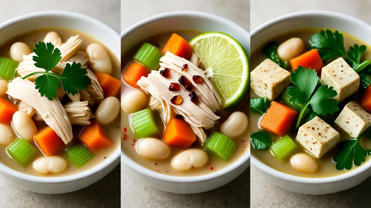 Variations of white bean chicken soup including classic, spicy, and vegan twists with beans, chicken or substitutes, and veggies for plant diet adaptability.